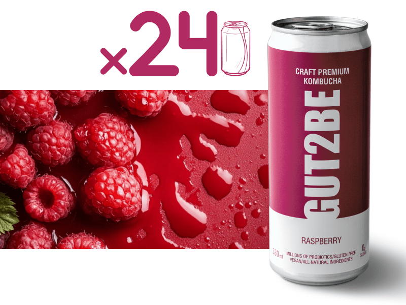 Málnás kombucha ital elegáns dobozban, friss málnával